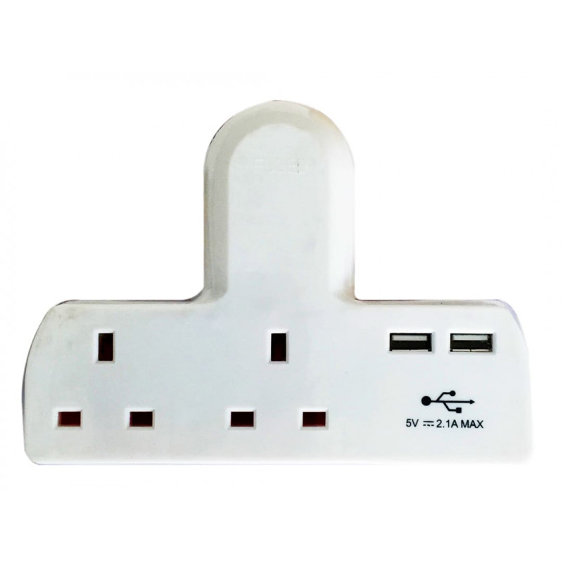 T-shape Socket 2 Way Adaptor 13A Fused with USB T-shape Socket 2 Way Adaptor 13A Fused with USB