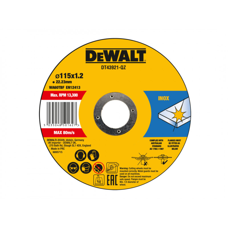 DT43921 Metal Cut Off Disc 115 x 1.2 x 22.23mm (Pack 10) DT43921 Metal Cut Off Disc 115 x 1.2 x 22.23mm (Pack 10)