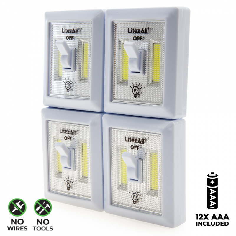 LitezAll 21852 Mini Wireless Self-Adhesive COB LED Light Switch 150 Lumens (4 Pack) LitezAll 21852 Mini Wireless Self-Adhesive COB LED Light Switch 150 Lumens (4 Pack)
