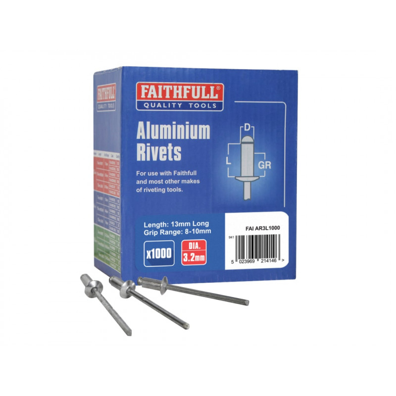 Aluminium Rivets 3.2 x 13mm Long Bulk Pack of 1000 Aluminium Rivets 3.2 x 13mm Long Bulk Pack of 1000