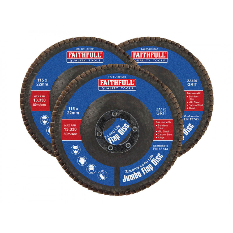 Zirconia Abrasive Jumbo Flap Disc 115 x 22mm 120 Grit (3 Pack) Zirconia Abrasive Jumbo Flap Disc 115 x 22mm 120 Grit (3 Pack)