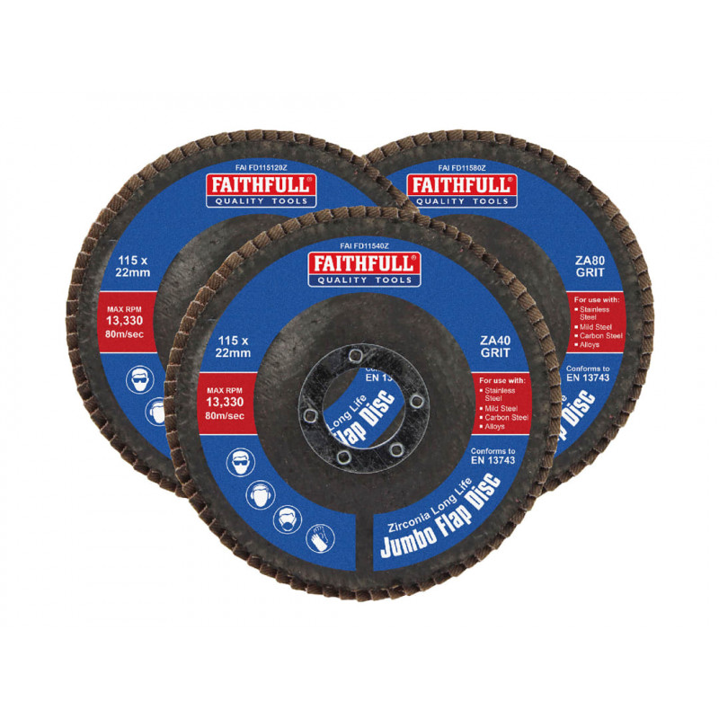 Zirconia Abrasive Jumbo Flap Disc 115 x 22mm Mixed Grit (3 Pack) Zirconia Abrasive Jumbo Flap Disc 115 x 22mm Mixed Grit (3 Pack)