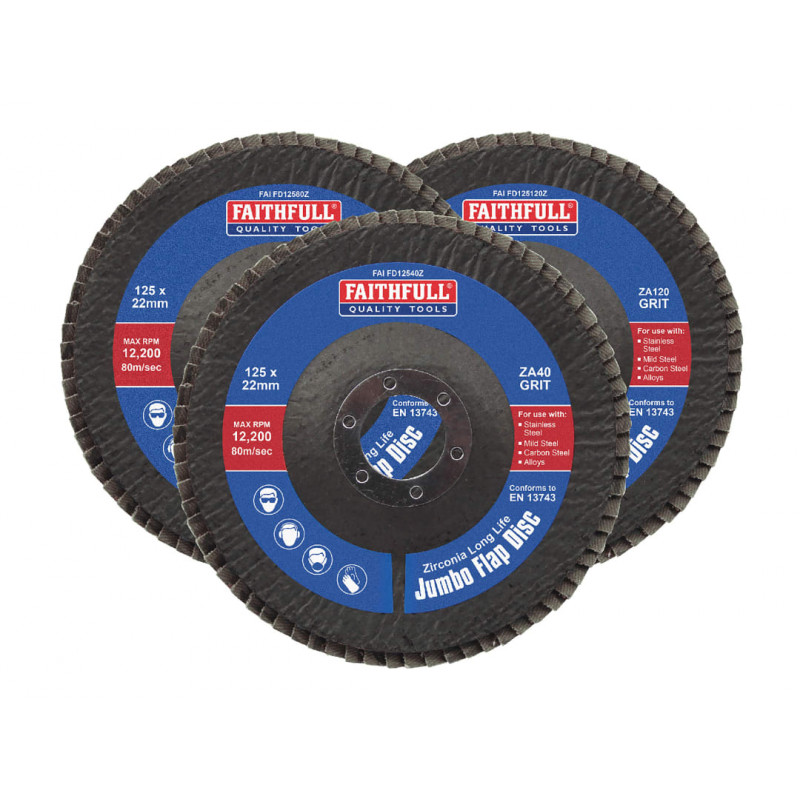 Zirconia Abrasive Jumbo Flap Disc 125 x 22mm Mixed Grit (3 Pack) Zirconia Abrasive Jumbo Flap Disc 125 x 22mm Mixed Grit (3 Pack)