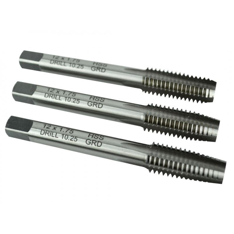 HSS Straight Flute Tap Set M12 x 1.75, 3 Piece HSS Straight Flute Tap Set M12 x 1.75, 3 Piece