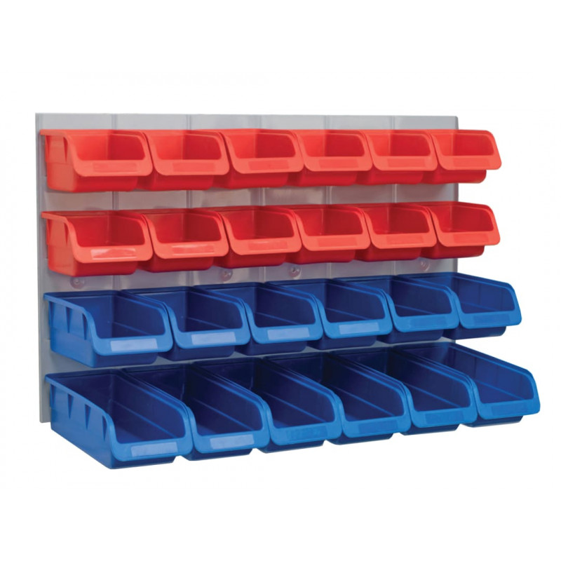 24 Plastic Storage Bins with Metal Wall Panel 24 Plastic Storage Bins with Metal Wall Panel