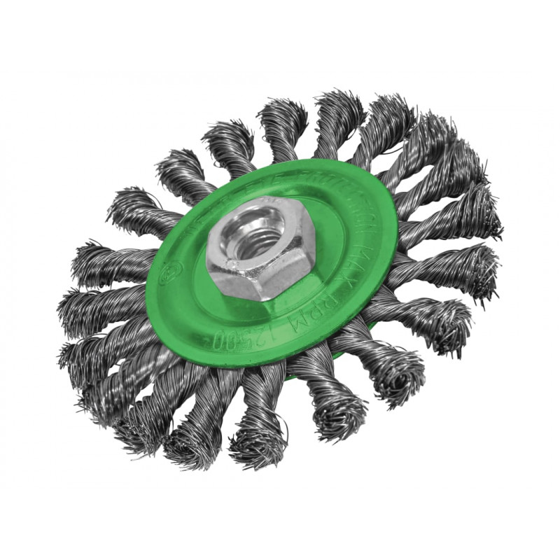Flat Twist Knot Wire Brush 115 x 12mm M14x2 Bore, 0.35mm Stainless Steel Wire Flat Twist Knot Wire Brush 115 x 12mm M14x2 Bore, 0.35mm Stainless Steel Wire