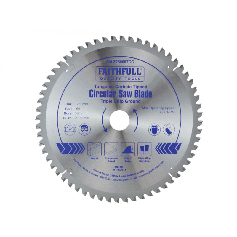 TCT Circular Saw Blade Triple Chip Ground 250 x 30mm x 60T NEG TCT Circular Saw Blade Triple Chip Ground 250 x 30mm x 60T NEG
