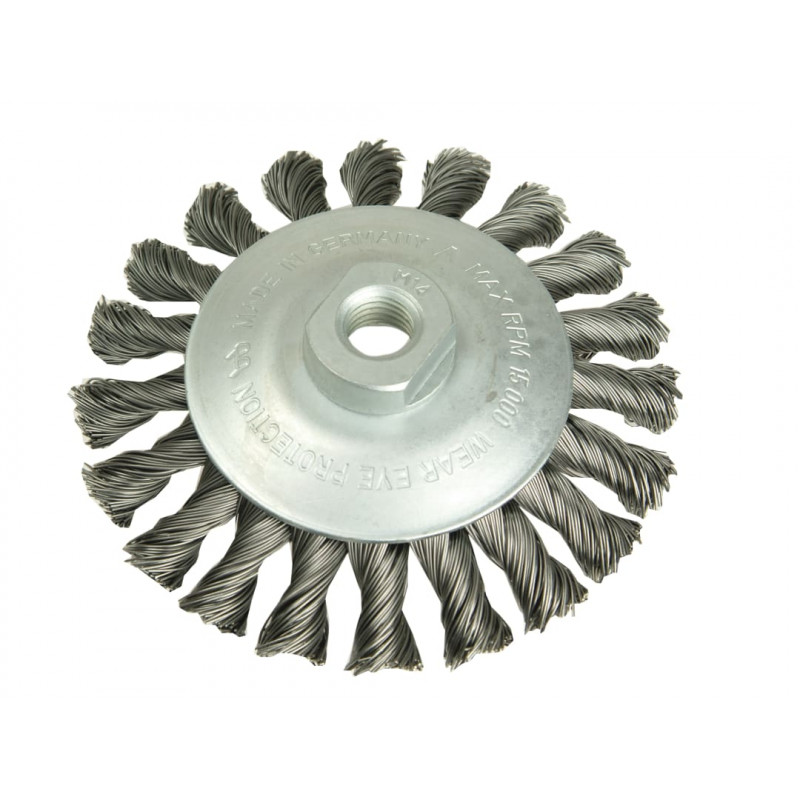 Lessmann 471.157 Conical Knot Brush 100mm M14 Bore, 0.35 Steel Wire Lessmann 471.157 Conical Knot Brush 100mm M14 Bore, 0.35 Steel Wire