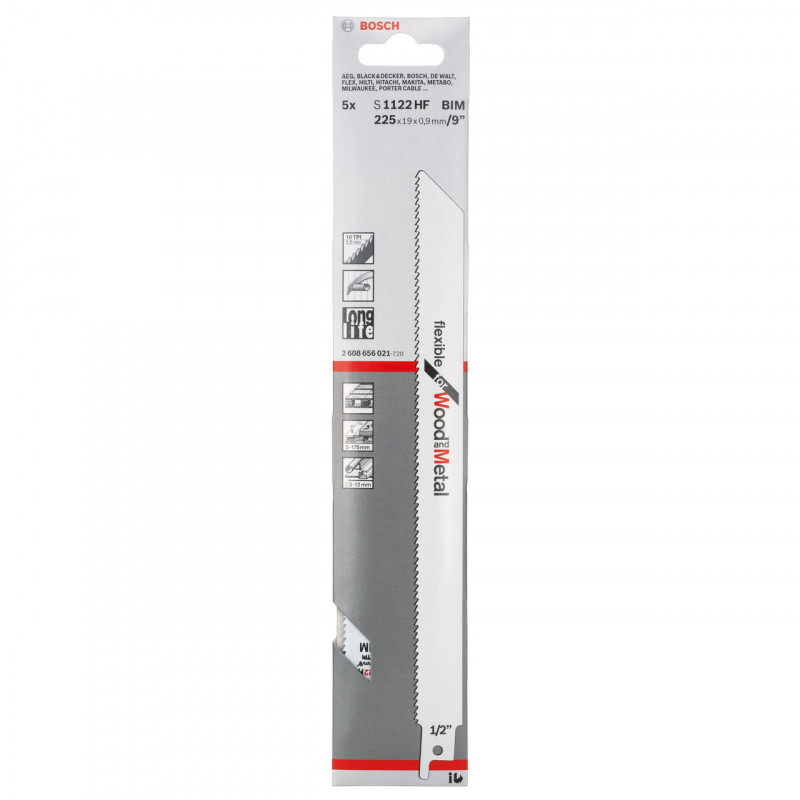 Bosch S1122HF Flexible Reciprocating Saw Blade for Wood & Metal 225mm (Pack of 5) Bosch S1122HF Flexible Reciprocating Saw Blade for Wood & Metal 225mm (Pack of 5)