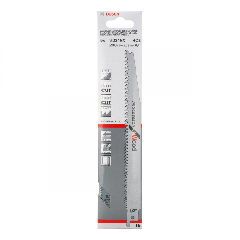 Bosch S2345X Progressor Reciprocating Saw Blade for Wood 200mm (Pack of 5) Bosch S2345X Progressor Reciprocating Saw Blade for Wood 200mm (Pack of 5)