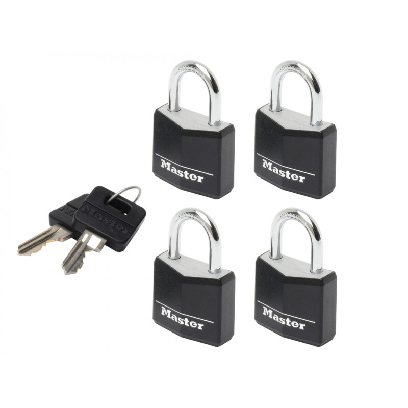 Master Lock 9120EURQBLKNOP Aluminium Black Vinyl Cover 20mm Padlock 3-Pin - Keyed Alike x 4 Master Lock 9120EURQBLKNOP Aluminium Black Vinyl Cover 20mm Padlock 3-Pin - Keyed Alike x 4