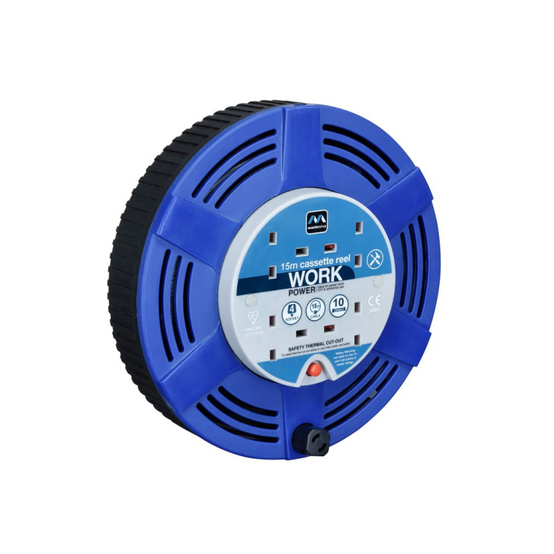 Masterplug LCT1510/4BL Cassette Cable Reel 240V 10A 4-Socket Thermal Cut-Out Blue 15m Masterplug LCT1510/4BL Cassette Cable Reel 240V 10A 4-Socket Thermal Cut-Out Blue 15m