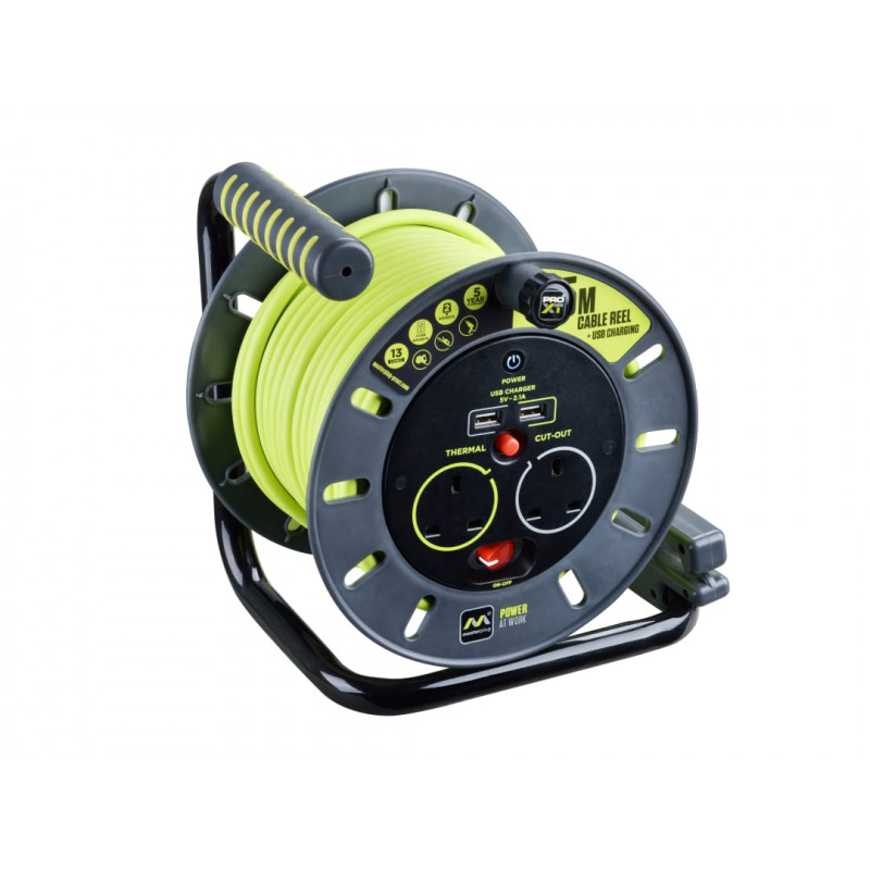 Masterplug OMU25132USL-PX PRO-XT Open Cable Reel 240V 13A 2-Socket & 2 USB (2.1A Shared) 25m Masterplug OMU25132USL-PX PRO-XT Open Cable Reel 240V 13A 2-Socket & 2 USB (2.1A Shared) 25m