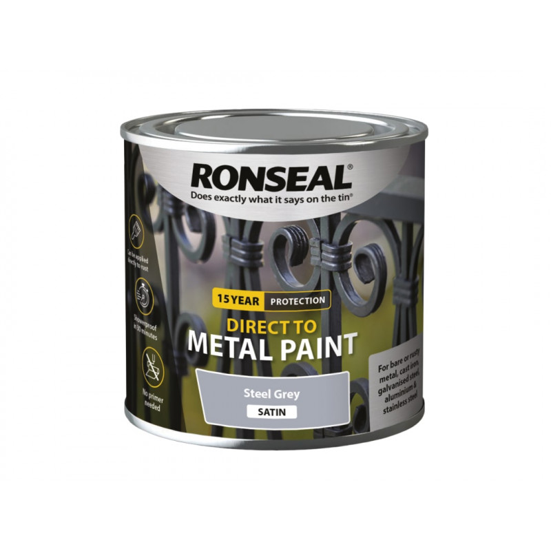 Ronseal 39188 Direct to Metal Paint Steel Grey Satin 250ml Ronseal 39188 Direct to Metal Paint Steel Grey Satin 250ml