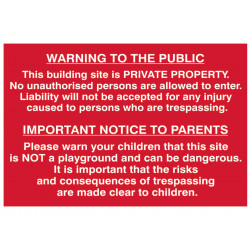 Scan 4251 Building Site Warning to Public & Parents - PVC Sign 600 x 400mm