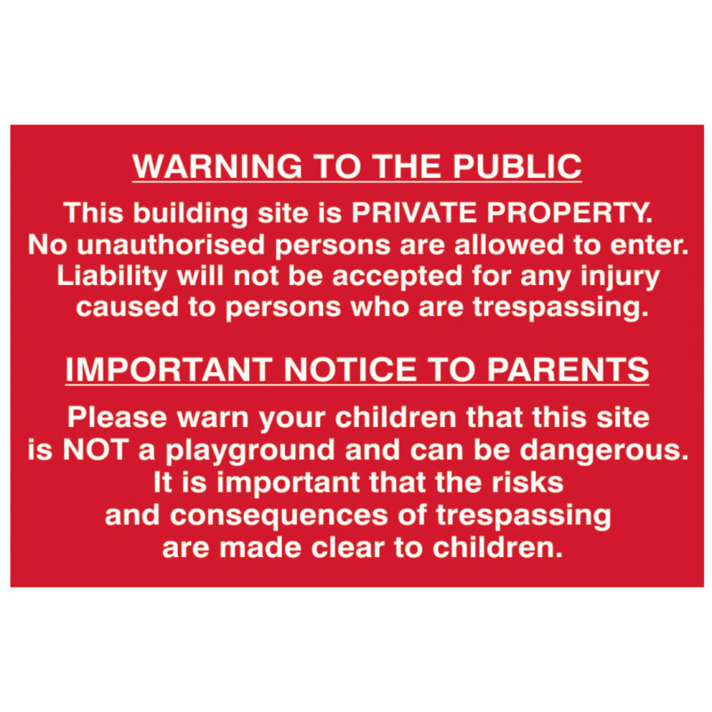 Scan 4251 Building Site Warning to Public & Parents - PVC Sign 600 x 400mm