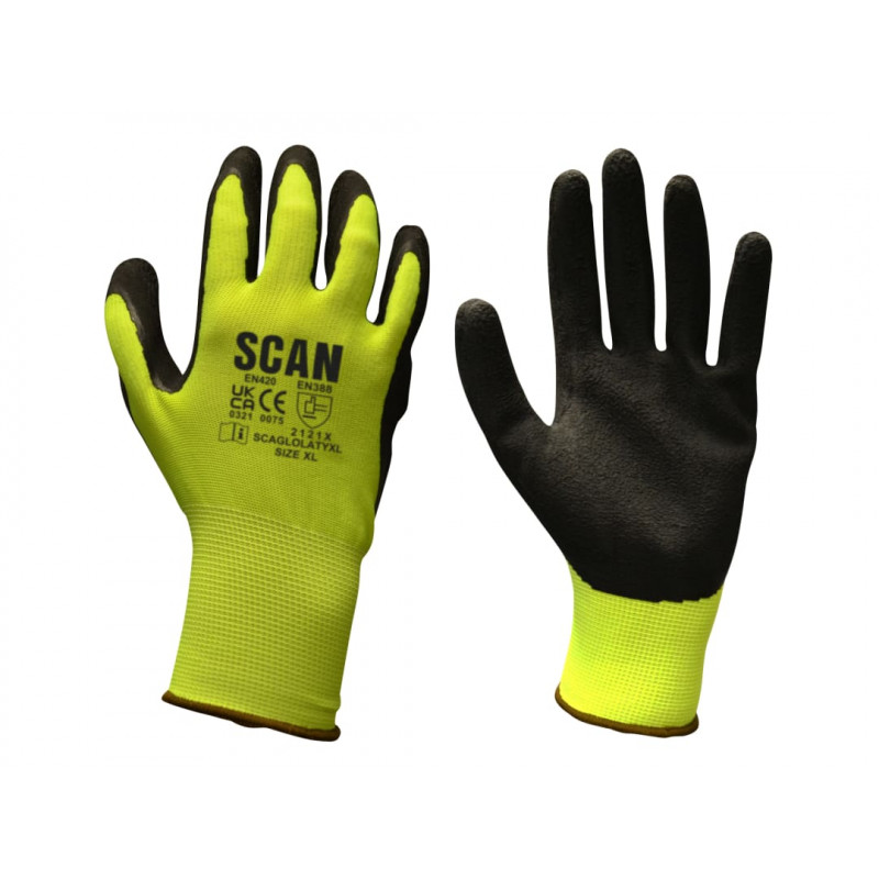 Scan 2ARK49L-26 Hi-Vis Yellow Foam Latex Coated Gloves -XL (Size 10) Scan 2ARK49L-26 Hi-Vis Yellow Foam Latex Coated Gloves -XL (Size 10)