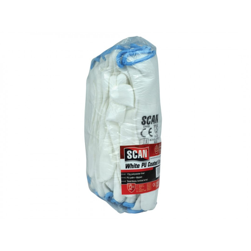 Scan 5004W White PU Coated Gloves - L (Size 9) (Pack 12) Scan 5004W White PU Coated Gloves - L (Size 9) (Pack 12)
