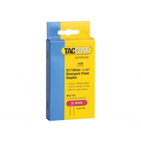 Tacwise 0287 91 Narrow Crown Divergent Point Staples 18mm - Electric Tackers (Pack 1000)