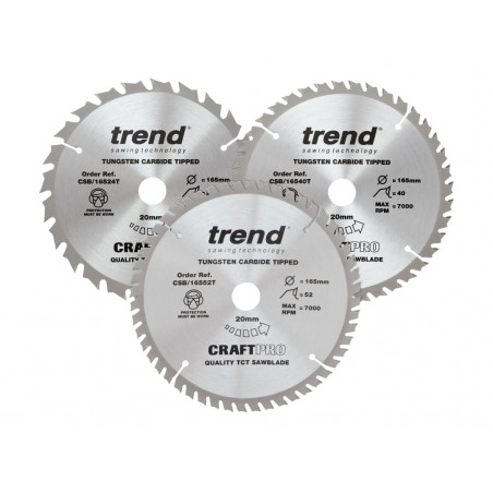 Trend CSB/165/3PK/B CraftPro Cordless Saw Blade 165 x 20mm x 24T/40T/52T (Pack 3)