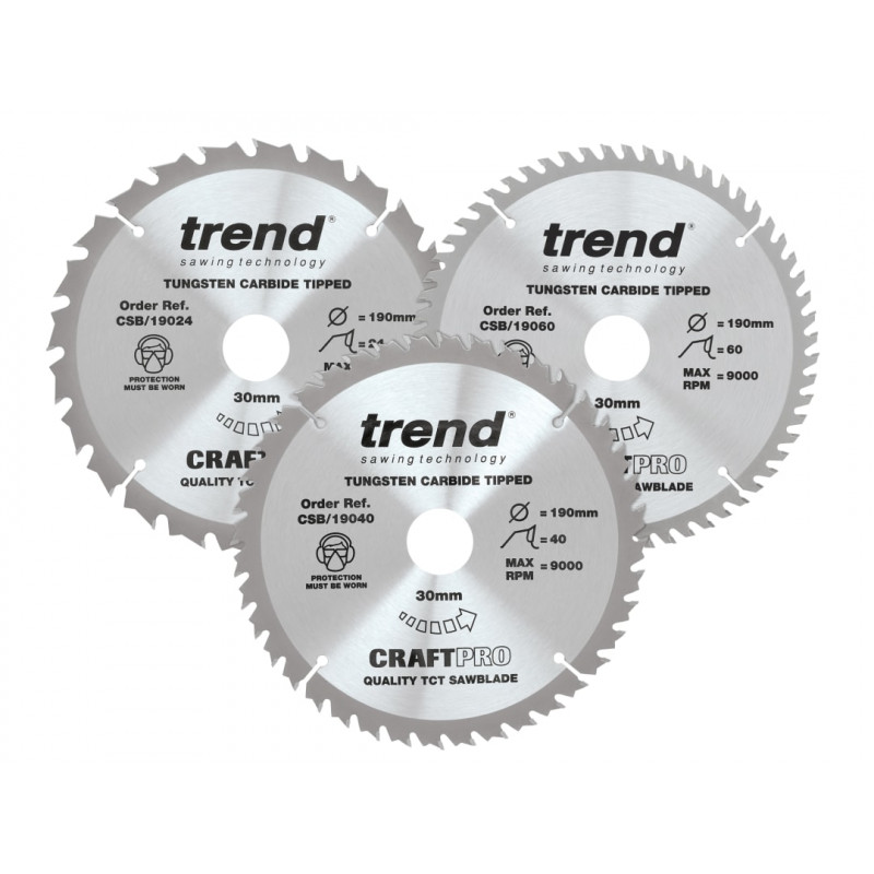Trend CSB/190/3PK CraftPro Saw Blade 190 x 30mm x 24T/40T/60T (Pack 3) Trend CSB/190/3PK CraftPro Saw Blade 190 x 30mm x 24T/40T/60T (Pack 3)