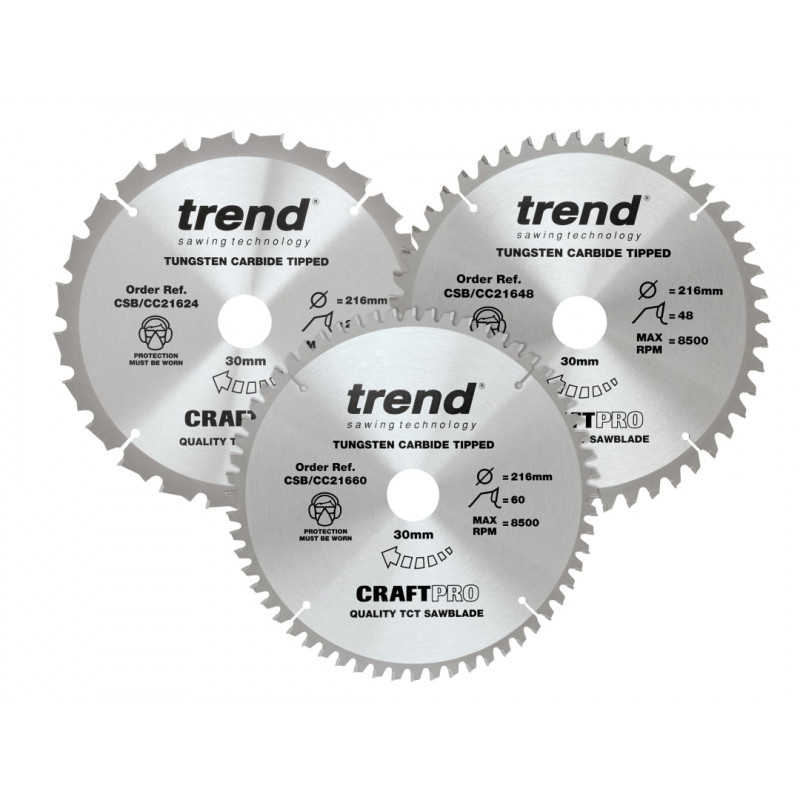Trend CSB/CC216/3PK CraftPro Mitre Saw Blade 216 x 30mm x 24T/48T/60T (Pack 3)