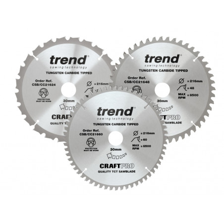 Trend CSB/CC216/3PK CraftPro Mitre Saw Blade 216 x 30mm x 24T/48T/60T (Pack 3)