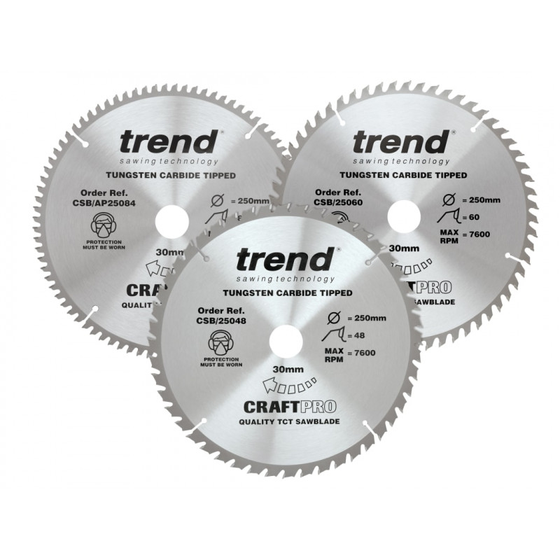 Trend CSB/250/3PK CraftPro Table Saw Blade 250 x 30mm x 48T/60T/84T (Pack 3) Trend CSB/250/3PK CraftPro Table Saw Blade 250 x 30mm x 48T/60T/84T (Pack 3)