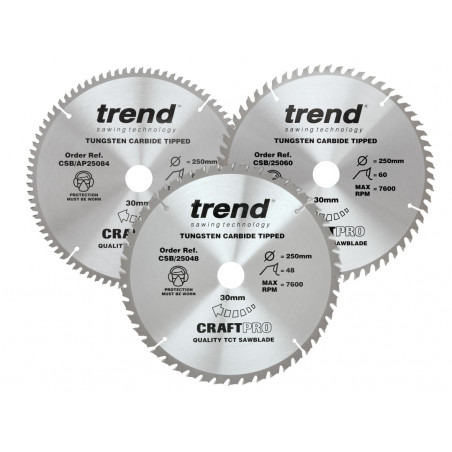 Trend CSB/250/3PK CraftPro Table Saw Blade 250 x 30mm x 48T/60T/84T (Pack 3)